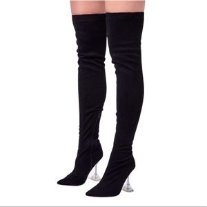Black Suede Clear Heel Thigh High Long Boot